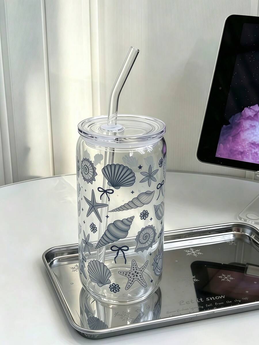 Ocean Shell Iced Matcha Coffee Glass Straw Cup, 1 Set With Lid And Straw Iced Coffee Glass Straw Cup, Glass Straw Cup Drinkware - Multicolor - View 1