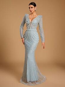 GIFORU Light Ice Blue Heavy Beaded Mermaid Evening Gown For Women, Custom Style Dress Fall Wedding Party - Dusty Blue - View 7