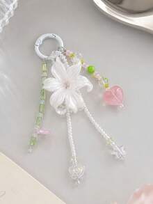 1pc INS Fairy Style Iris Flower Bag Charm, Peach Beaded Keychain, Cute Tassel Phone Lanyard, Aesthetic Wallet Pendant - Multicolor - View 8