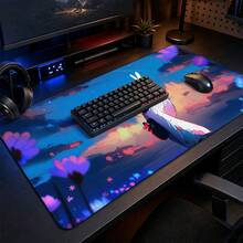Japanese Kimono Girl Glowing Rabbit Flower Anime Large Gaming Mouse Pad, Blue Purple Sunset Healing Illustration Non-Slip Stitched Edge Desk Mat, Thickened Keyboard Pad, Suitable For Office And Gaming - View 1
