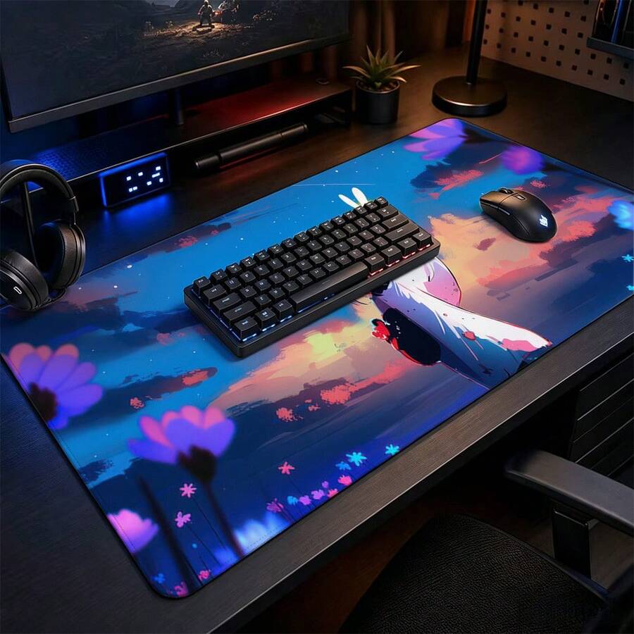Japanese Kimono Girl Glowing Rabbit Flower Anime Large Gaming Mouse Pad, Blue Purple Sunset Healing Illustration Non-Slip Stitched Edge Desk Mat, Thickened Keyboard Pad, Suitable For Office And Gaming - View 1