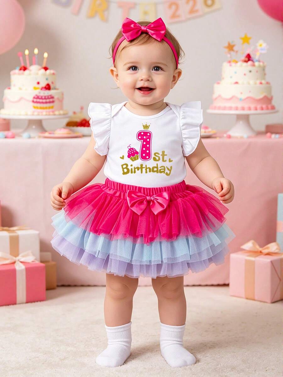 3件套女宝宝一周岁生日套装,卡通字母印花荷叶袖连体衣,彩色裙子和发饰,婴儿派对礼服 - 玫瑰紅 - 查看 1
