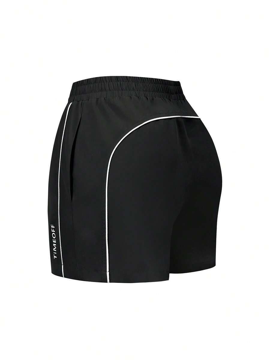 TimeOff Women's 1pc Contrast Color White Line Side Pocket Elastic Drawstring Waist Sports Shorts - Black - View 1