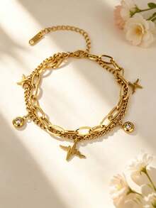 1/5pcs Stainless Steel Bracelets, Multi-Style Layered Hand Jewelry, Hypoallergenic Non-Fading Women's Accessories, Suitable For Daily Wear Or Vacation Decoration - Gold - View 5