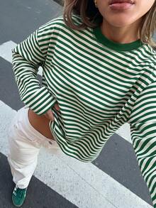 Blusa holgada de hombros caídos a rayas para uso casual y diario en primavera - Verde - Ver 2