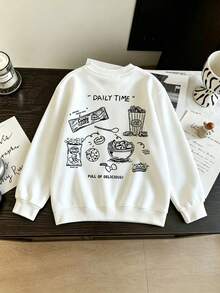 Korean Style Basic Crew Neck Pullover Sweatshirt, Double-Sided Creative Hand-Drawn Print, Slouchy, Versatile Layering Top For Students - White - View 2