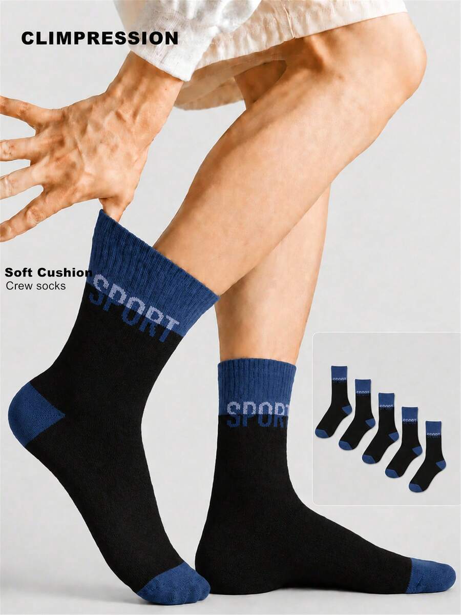 CLIMPRESSION Men's Mid-Calf Sports Socks 5 Pairs, Breathable Cushioned Athletic Socks With SPORT Lettering On Cuff, Running Training Daily Fitness Socks - Black - View 1