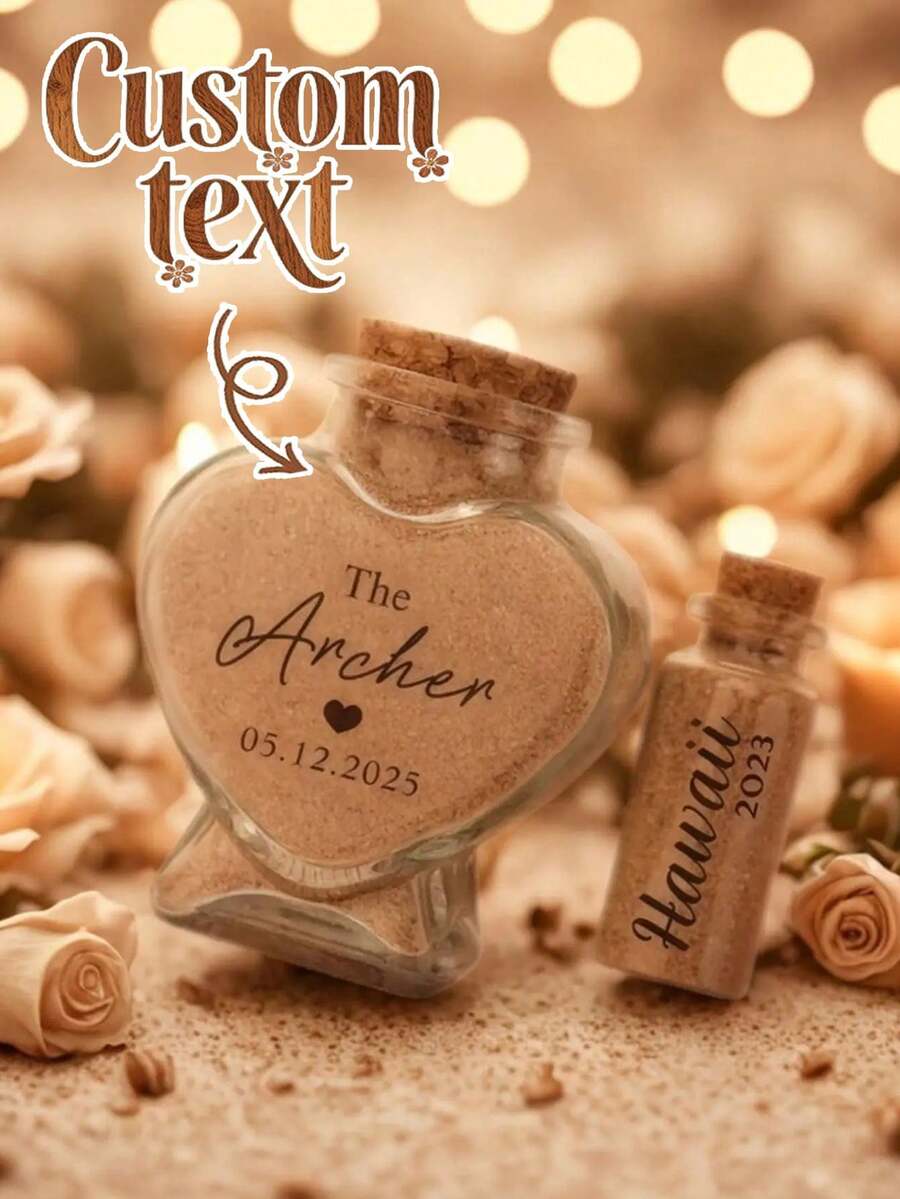 1pc Customized Heart-Shaped Sand Bottle, Customized Honeymoon Sand Bottle, Wedding Souvenir Honeymoon Couple Gift, Beach Vacation Personalized Cork Stopper Bottle, Bridal Shower Gift, Wedding Gift, Engagement Gift, Honeymoon Gift, Bridal Shower Gift - Multicolor - View 1