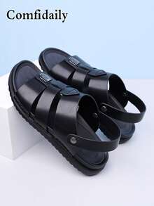 Men's Summer New PU Material Beach Sandals With Buckle Slides, Dual-Use Driving And Casual Wear Arabic Style Sandals - Black - View 5