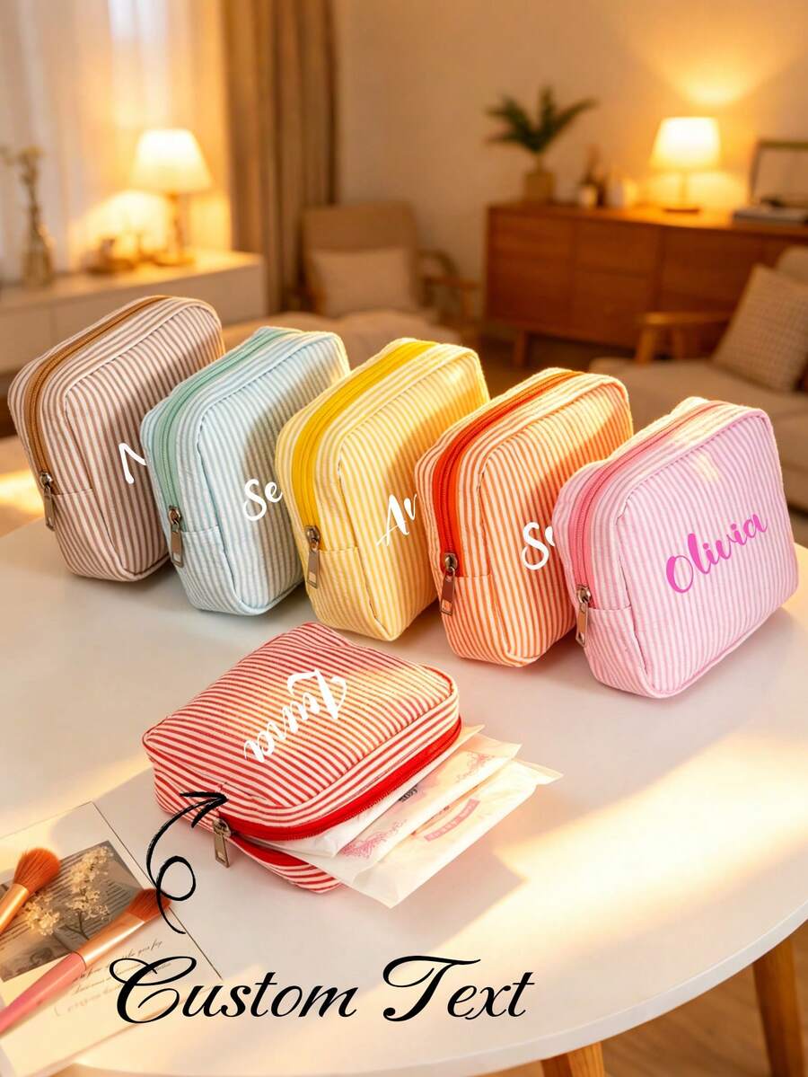 Custom Striped Sanitary Napkin Storage Bag - Personalized Text, Multiple Colors Available. Large Capacity; Can Also Be Used As Daily Makeup Bag Or Storage Pouch. - Multicolor - View 1