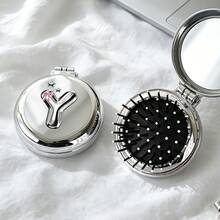 1pc Foldable Air Cushion Massage Comb, Round Electroplated Silver With Personalized Letter A-Z, Pink Bow, Star Pattern, Compact Portable Pocket Comb For Women's Hair Styling, Suitable As A Gift - Silver - View 7