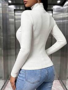 女款休閒羅紋條紋高領長袖修身T恤，適合日常穿著，秋冬上衣套裝，可愛外出風，白色 - 白色 - 查看 2