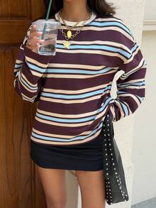 SDNGED Women's Casual Top, Striped Color Block Ribbed Fabric, Everyday Wear, Spring/Autumn - Blue-brown Wide Stripes - View 12
