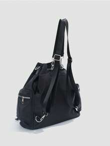 Mochila de viaje de gran capacidad con múltiples bolsillos estilo coreano de nicho, bolso de hombro ligero y versátil con cordón - Negro - Ver 8