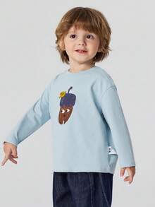 mini bala Kids Cotton Brushed Soft Long Sleeve T-Shirt Cute Print Comfy Base Top 2026 Autumn New Arrival - Gray Blue - View 2