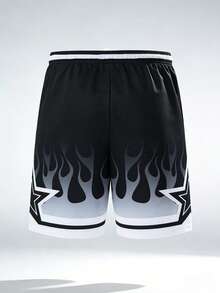 Men's Summer Sports Basketball Shorts, Drawstring Elastic Mesh Quick-Dry Knee-Length Shorts Black - Black - View 3