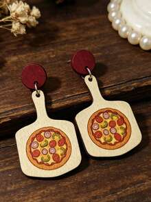 1 Pair Cute Printed Pizza Baking Tray Wooden Slice Earrings, Creative Food Themed Fun Ear Jewelry - Multicolor - View 4