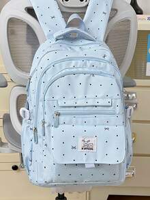 Aesthetic Retro Rucksack, Polka Dot Print Women's Functional Backpack, Large Capacity Multi-Layer Zipper Multi-Pocket Laptop Bag, Teen Girl Campus - Multicolor - View 15