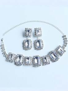 Conjunto de pendientes y collar con strass de moda, conjunto de joyería para novia, boda y banquete - Plateado - Ver 9