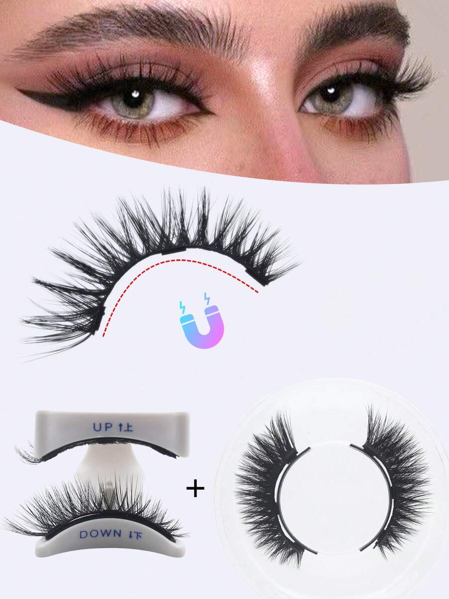 1 Pair Magnetic False Eyelashes, Reusable, 3D Natural Style, Portable Makeup Tool, 3-Step Press-On False Eyelash Applicator Set, 6-11mm Lashes, Suitable For Weddings, Parties, Dates And Other Occasions. - 黑色 - 查看 1