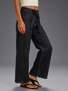 Nuevos jeans rectos con cinturón de mujer, de pierna recta, elásticos, de estilo casual en color negro para primavera - Negro - Ver 3
