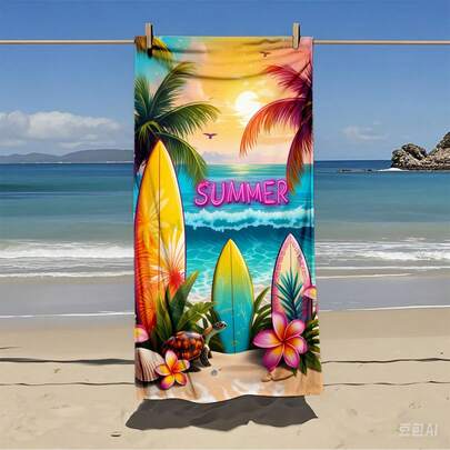 夏季日落海灘衝浪板椰子樹圖案印花｜高吸水便攜游泳毛巾，浴室裝飾，游泳毛巾，沙灘毛巾｜適合夏季海灘游泳旅行露營、健身