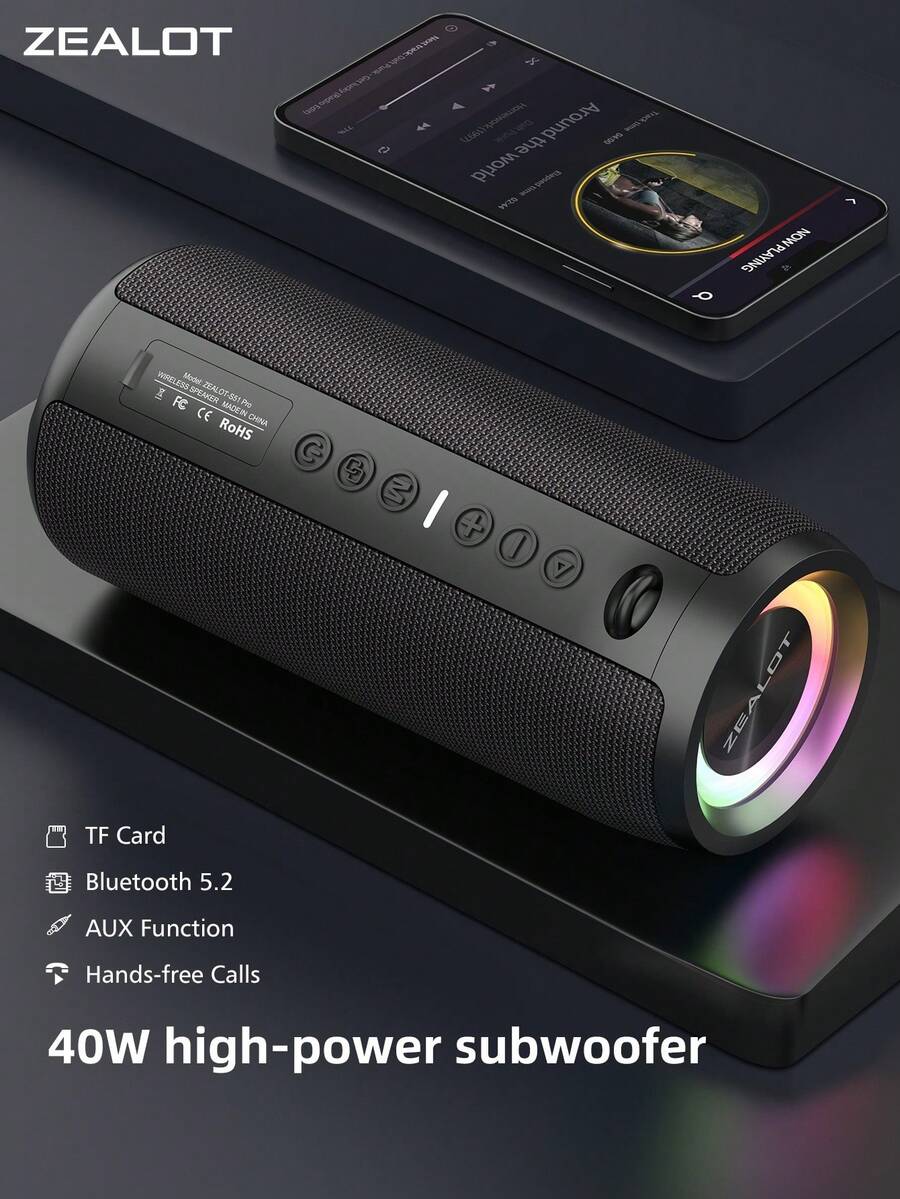 ZEALOT S51PRO 40W Wireless Speaker Features RGB Color Lighting, Compatibility With SD Card/USB/AUX Interfaces, And Support For Hands-Free Calls. It Is Ideal For Outdoor Activities, Dance Parties, Family Gatherings, And Beach Parties