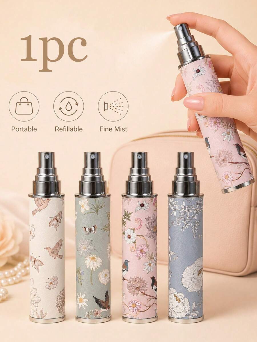 1 pieza Botella de perfume con envoltura de cuero con diseño floral y de pájaros, atomizador recargable creativo y portátil de 10ml, diseñado para viajes, botella de spray de viaje unisex linda con rociado fino, carcasa resistente, tamaño compacto adecuado para perfume, esencia, agua floral, aceites esenciales - Multicolor - Ver 1