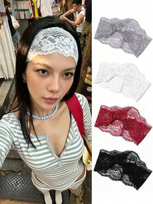 4件/1件 女款薄款寬版蕾絲彈性髮箍，時尚百搭高級優雅極簡風小圍巾髮箍髮飾，適合日常外出、休閒、派對、通勤、度假、紮髮、造型、化妝、穿搭，髮飾配件 - 彩色 - 查看 10