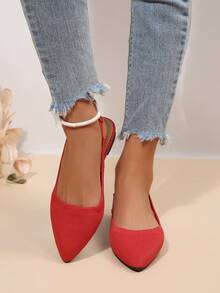 Zapatos planos con punta roja y tira trasera, parte superior de tela, transpirables, acabado brillante, mocasines, diseño de empeine abierto, zapatos casuales para oficina y desplazamientos, versátiles, elegantes y cómodos - Rojo - Ver 4
