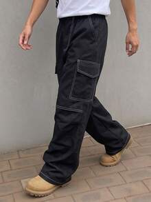 1pc Boys' American Streetwear College Style Sports Multi-Pocket Straight Leg Casual Long Pants - Black - View 3