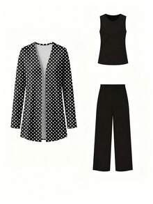 Plus Size Women's Fashion Polka Dot Print Elegant 3 Pieces Set Black - Black - View 3
