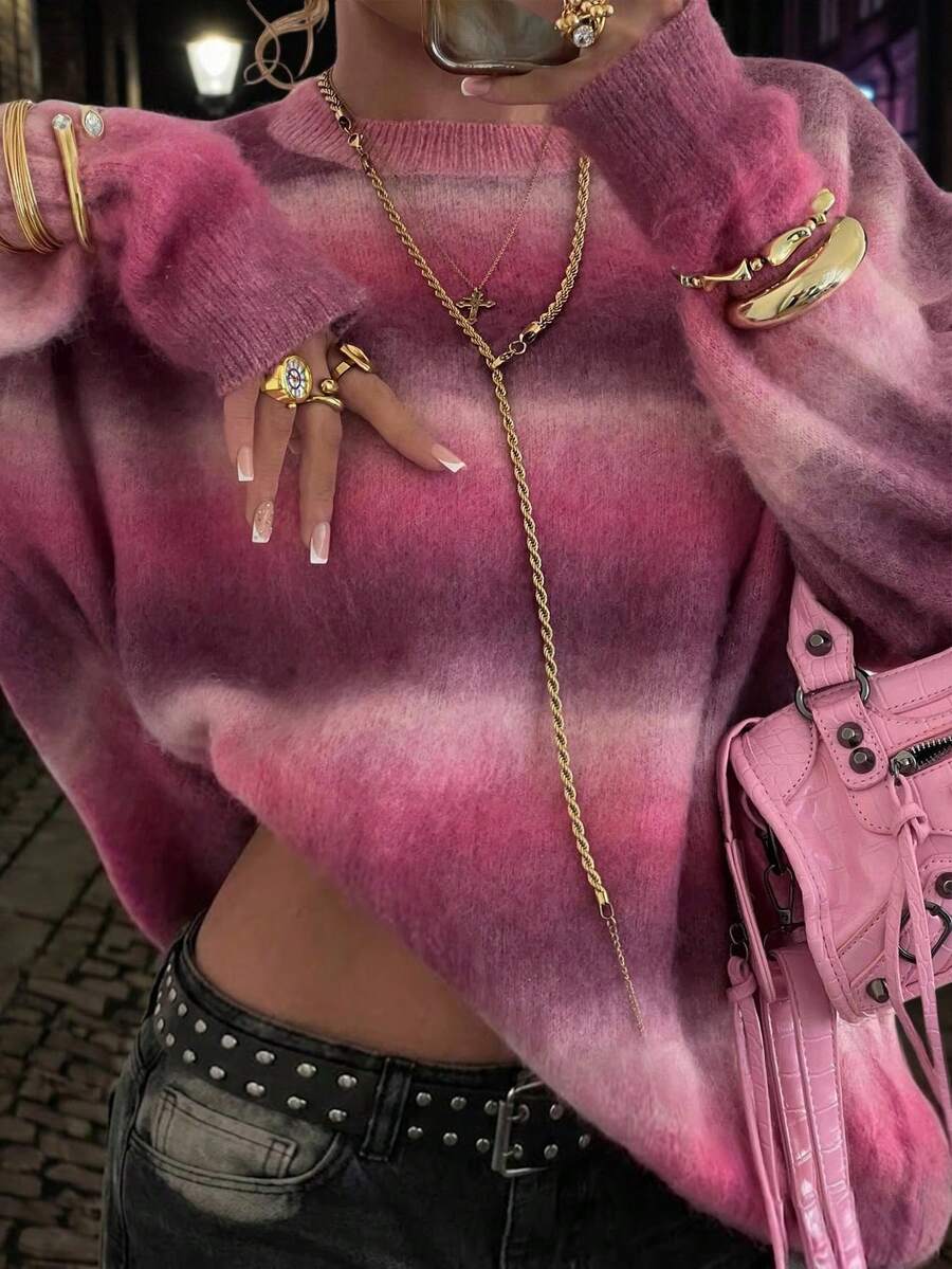 Women's Casual Vacation & Commute Ombre Striped Pattern Dropped Shoulder Loose Knit Sweater, Autumn/Winter Pink Fall - Pink - View 1