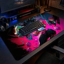 Neon Pink Anime Fighting Dragon Large Gaming Desk Mat, Cool Street Art Character Print Non-Slip Rubber Extended Mouse Pad, Waterproof Long Keyboard Pad, Gaming Computer Desktop Decoration - View 1