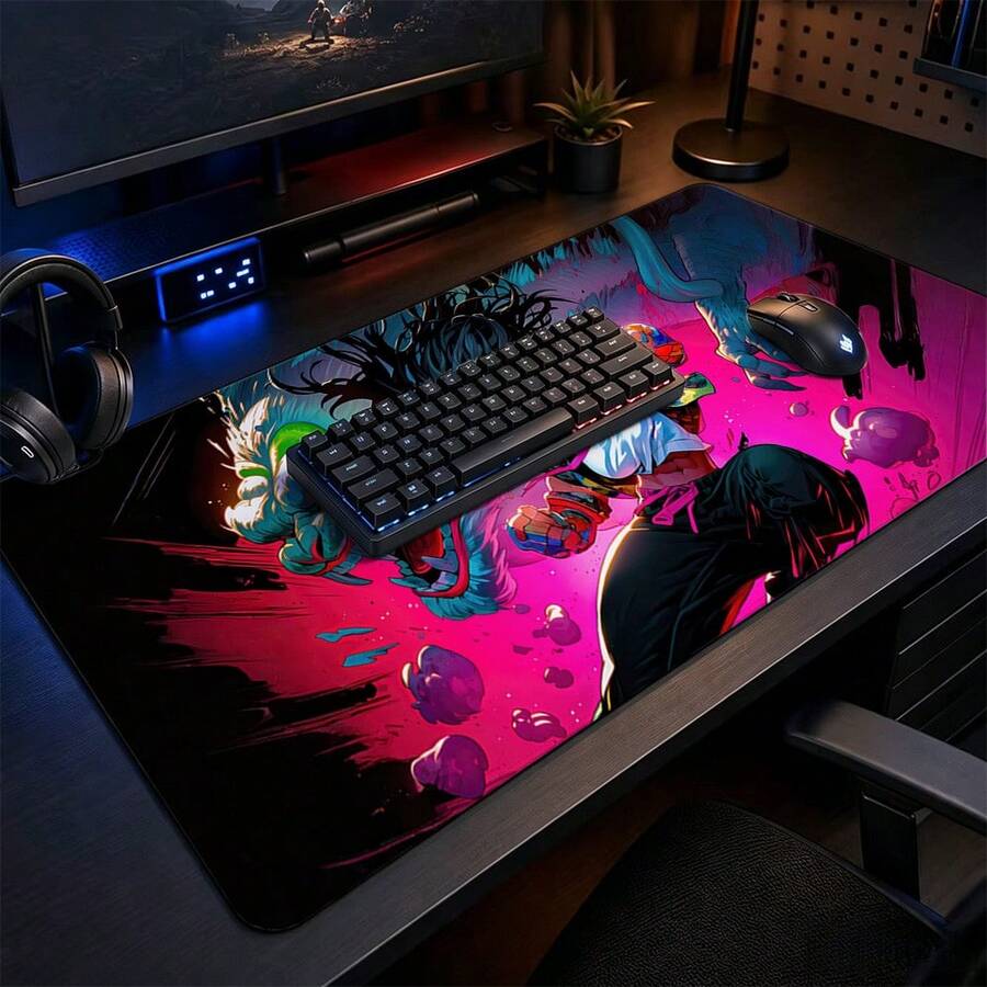 Neon Pink Anime Fighting Dragon Large Gaming Desk Mat, Cool Street Art Character Print Non-Slip Rubber Extended Mouse Pad, Waterproof Long Keyboard Pad, Gaming Computer Desktop Decoration - View 1
