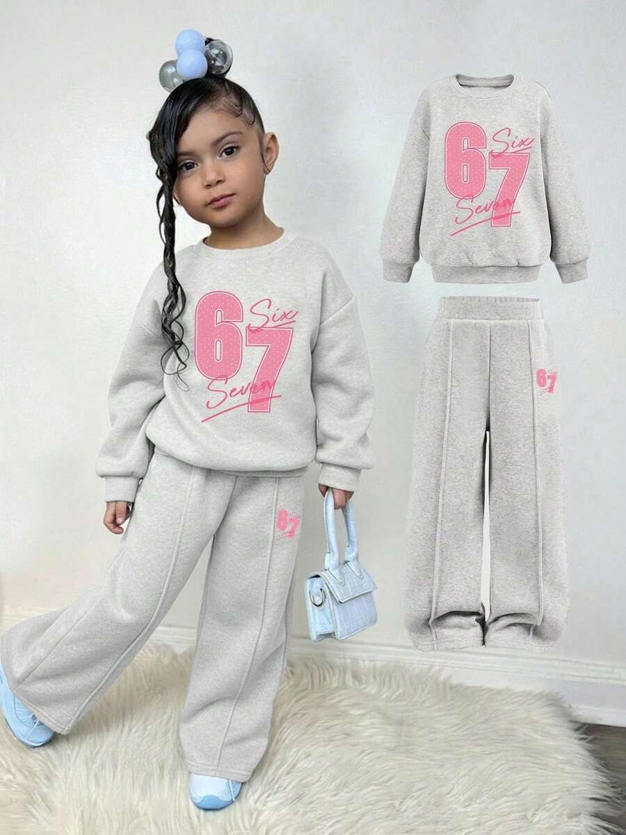 Tween Girl Digital Pattern Print Crew Neck Long Sleeve Top And Long Pants - Grey - View 1