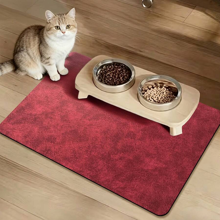 1pc Solid Color Minimalist Pet Food Mat, Decorative Carpet With Flat Texture, Creates Cozy Scene, Pet Feeding Bowl Mat, Thick Fabric Easy To Clean And Wipe, Suitable For Cats And Dogs - Red - View 1