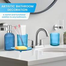 4pcs Blue Striped Bathroom Set, Silver Large Lid, Hand Soap Dispenser, 2 Rinsing Cups, Soap Dish - Blue Striped Four-piece Toiletries Set - View 3