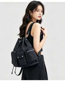 Mochila de viaje de gran capacidad con múltiples bolsillos estilo coreano de nicho, bolso de hombro ligero y versátil con cordón - Negro - Ver 2