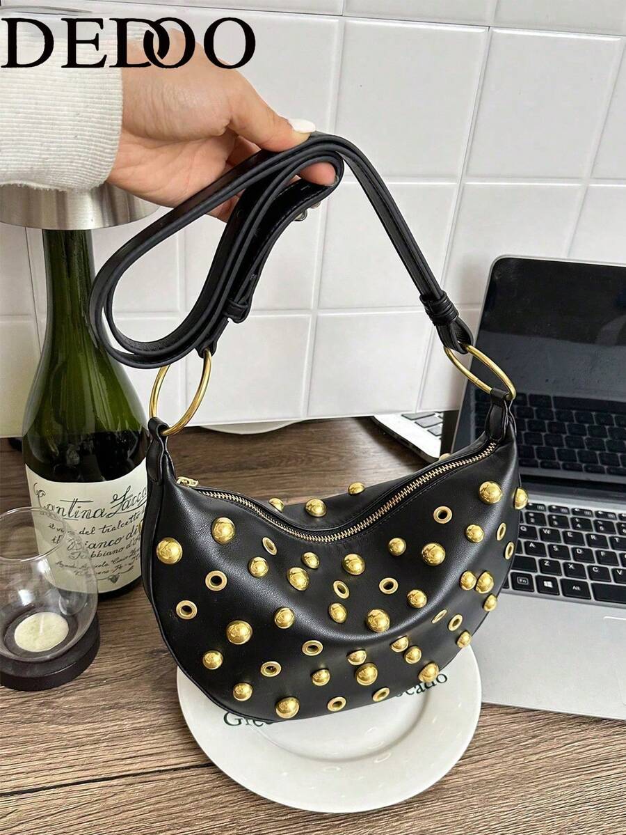 Dedoo Bolsa de Axila em PU com Rebites em Formato de Crescente, Cor Preta e Dourada Combinadas, Estilo Clássico Joker, com Enfeite de Rebites Metálicos para Realçar o Refinamento e a Personalidade