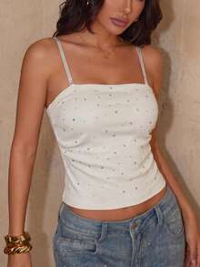 DOUCIU Hot Girl Rhinestone Removable Spaghetti Strap Tube Top Sexy Slim-Fit Daily Island Vacation Style - White - View 4