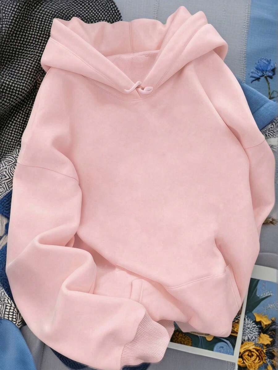 女款秋冬新款純色連帽衛衣,抽繩設計,附口袋,休閒百搭寬鬆上衣,時尚日常穿搭 - 淺粉色 - 查看 1