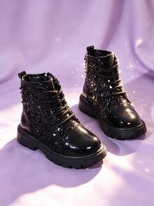 1 Pasang Sepatu Bot Pendek Anak Laki-laki, Bahan PU Mengkilap, Ujung Bulat, Sol Lembut Anti Selip, Tali Depan dengan Desain Resleting Sisi Dalam, Gaya Putri yang Manis dan Keren, Cocok untuk Sekolah, Liburan, Pertunjukan, Perjalanan, Pakaian Luar Ruangan, Gaya Baru Musim Gugur/Dingin - Hitam - View 5