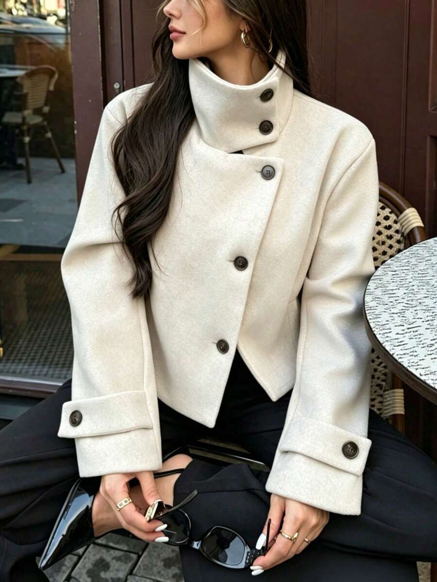 DEEKA 秋冬新款欧美时尚简约百搭立领女式外套 - 米白 - 查看 1