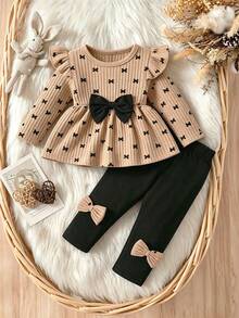 Baby Girl Bow Print Crew Neck Long Sleeve Top And Leggings - Khaki - View 2