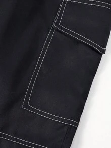 1pc Boys' American Streetwear College Style Sports Multi-Pocket Straight Leg Casual Long Pants - Black - View 7