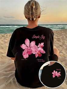 T-shirt noir pour femme 100% coton - Imprimé des mots 'Pink Orchid Simple Joy Copy, Natural Healing Style, Unleash The Beast Within' sur les deux faces. Parfait pour un usage quotidien, ce haut d - Noir - Voir 1