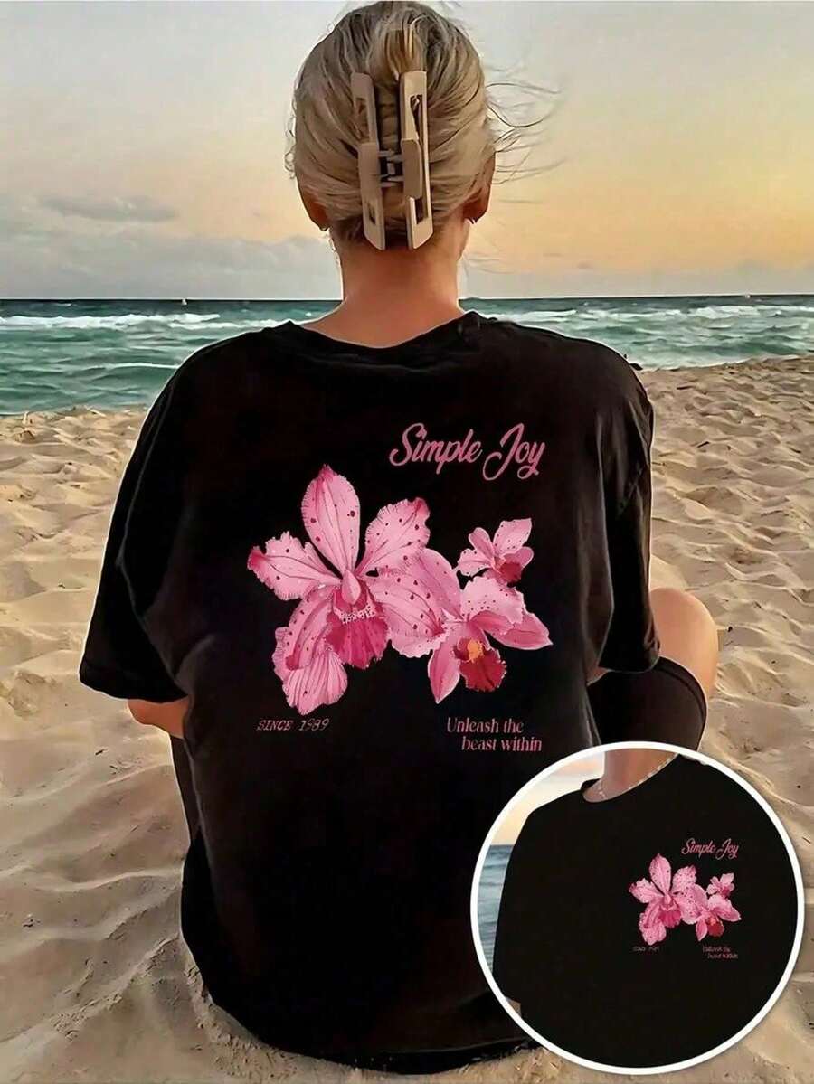 T-shirt noir pour femme 100% coton - Imprimé des mots 'Pink Orchid Simple Joy Copy, Natural Healing Style, Unleash The Beast Within' sur les deux faces. Parfait pour un usage quotidien, ce haut d - Noir - Voir 1