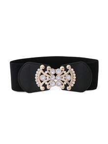 1pc Women's Wide Waist Belt With Metal Buckle Decor, Vintage High Waist Dress Belt, Black - Waistband - View 12