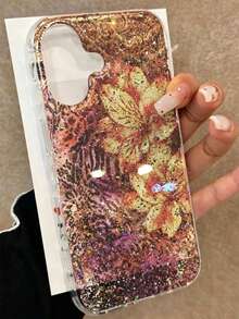 1pc Vintage Gilded Glitter Oil Painting Floral Phone Case - Multicolor - View 2